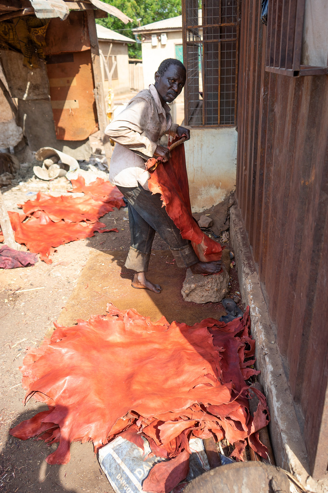 Softening leather skins in Ghana